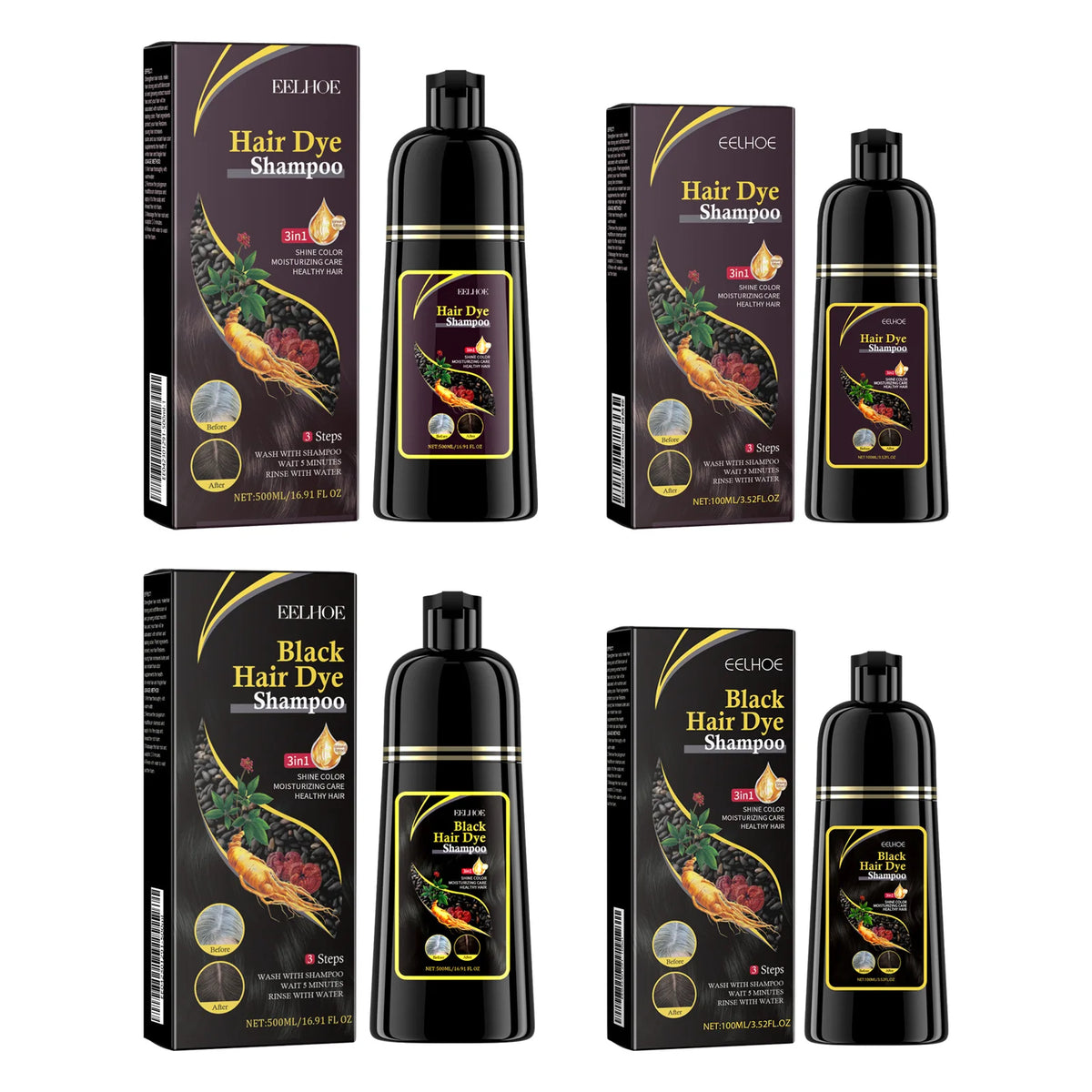 Champú Tinte Negro 3 En 1 Para Cabello
