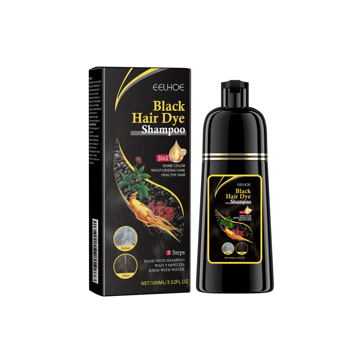 Champú Tinte Negro 3 En 1 Para Cabello