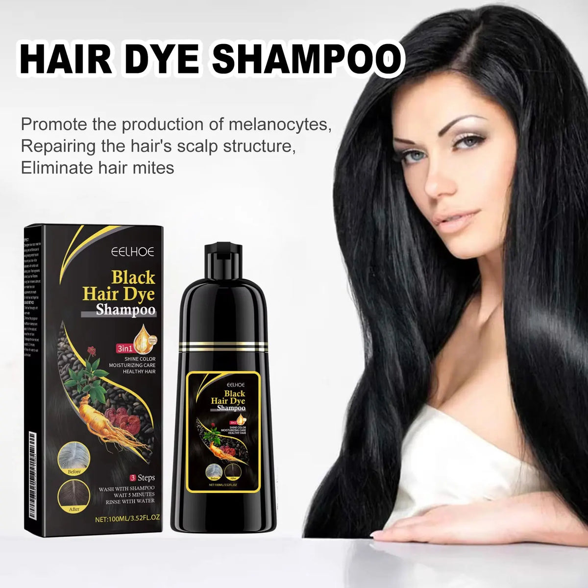 Champú Tinte Negro 3 En 1 Para Cabello