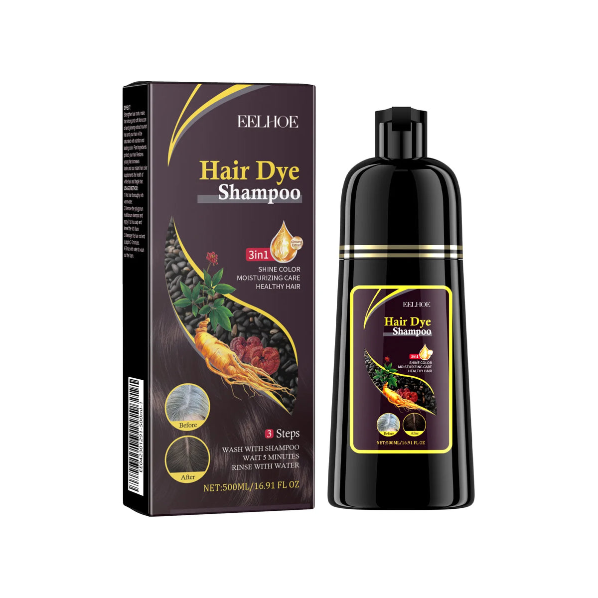 Champú Tinte Negro 3 En 1 Para Cabello