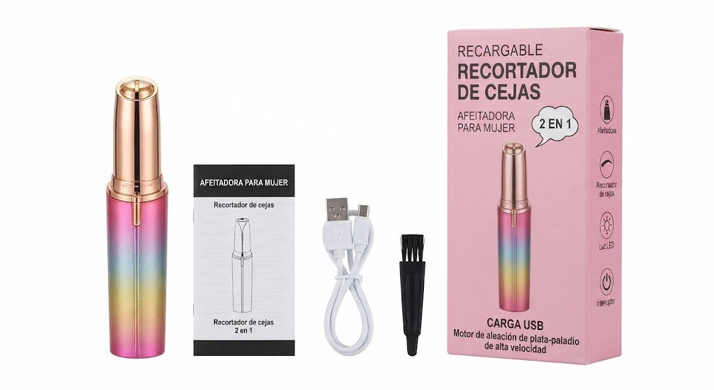 Contenido de la caja: depiladora, cable USB y brocha