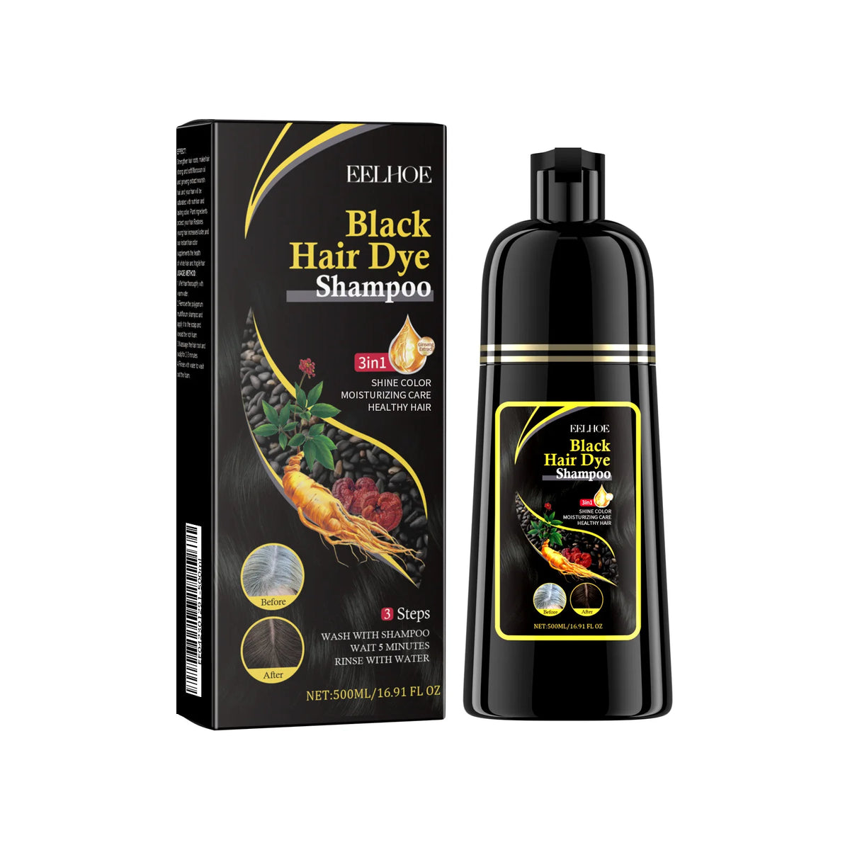 Champú Tinte Negro 3 En 1 Para Cabello